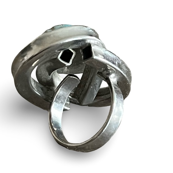 Vintage 70s Stainless Steel Turquoise Modernist Statememt Ring Size 5 - Picture 3 of 5